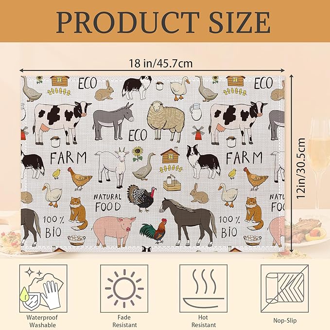 Farm Animals Cow Pig Placemats Set of 6 Place Mats for Kitchen Table Washable Farmhouse Linen Table Mats Dining Decoration 12x18 Inch
