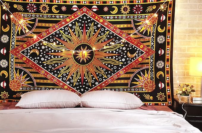 RAJRANG Burning Sun Cotton Tapestry for Bedroom 84x54 Inch Celestial Moon Star Planet Bohemian Indie Hippie Cool Wall Tapestries for Living Room Dorm Decor