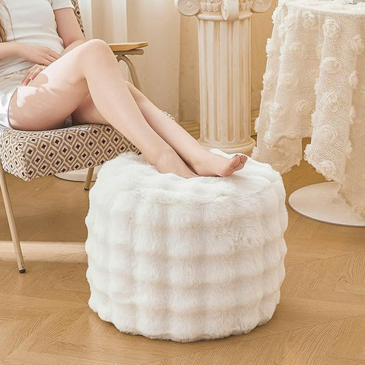 LIFEREVO Faux Rabbit Fur Round Inflatable Pouf Ottoman, 20 X 16 Waffle Bubble Fluffy Fuzzy Floor Poufs Foot Rest for Adults Kids Girls, Furry Pouf Chair Foot Stool Couch Home Decor, Anti-Slip, Beige