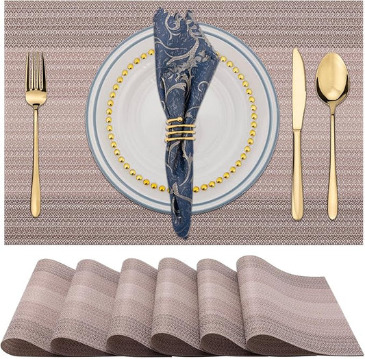 Winknowl Placemats, Set of 6 Heat Resistant Stain Resistant Woven Vinyl Insulation Placemats, Durable Washable Elegant Table Mats for Dining (Pink Gold)