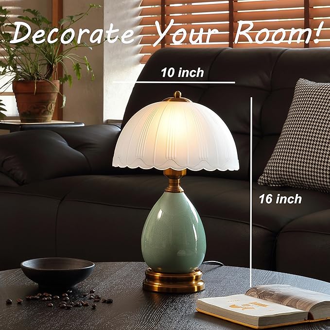 Vintage Lamp for Living Room,16" Modern Ceramic Table Lamps for Bedroom,Retro Bedside Nightstand Traditional Lamps, Classic Chinoiserie Green Lamp for Home Decor (LD001)