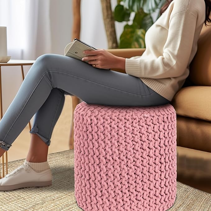 COTTON CRAFT Braided Round Pouf - Hand Knitted Cotton Cord Cable Dori Cylindrical Ottoman - Foot Stool - Floor Pouf - Footrest - Accent Seat - Living Room Bedroom Dorm Décor - 15 Round x 16 H - Pink