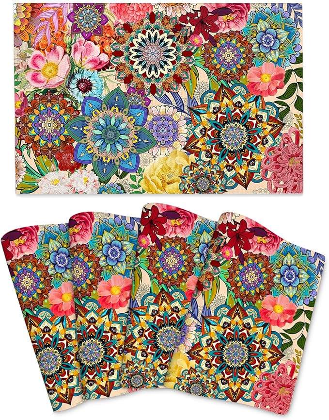 Boho Floral Placemats Set of 4, Colorful Flowers Decorative Dining Table Mats 12"x18", Washable Place Mat for Kitchen Dining Holiday Party Home Decor, House Warming Gifts for New Home Women