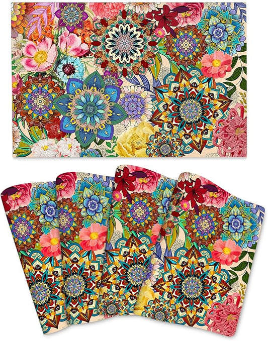 Boho Floral Placemats Set of 4, Colorful Flowers Decorative Dining Table Mats 12"x18", Washable Place Mat for Kitchen Dining Holiday Party Home Decor, House Warming Gifts for New Home Women