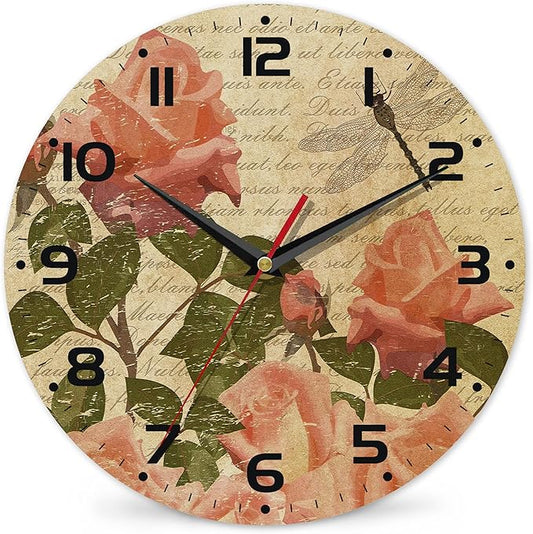 Wall Clock, Vintage Flowers with Roses and Dragonfly Wall Clock Silent Non-Ticking Battery Operated Clock 10 Inch, Home Decor for Living Room, Kitchen, Bedroom and Office