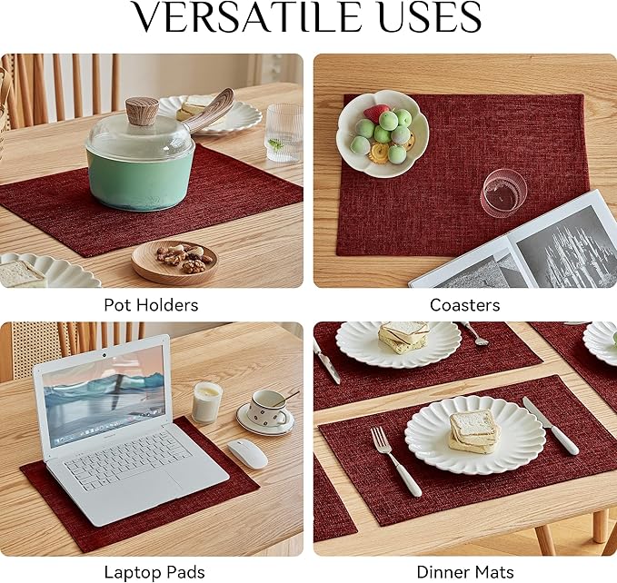 Softalker Faux Linen Placemats Set of 8-12 x 18 Inch, Heat Resistant Double Layered Durable Burlap Farmhouse Place Mats, Non-Slip Washable Rustic Table Mats for Dining, Kitchen, Party（Red