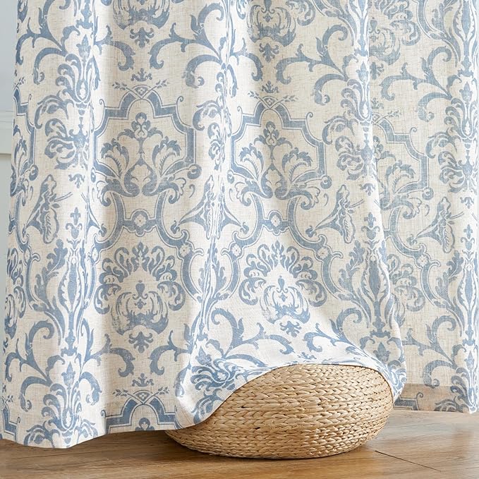 jinchan Linen Curtains for Bedroom Blue Curtains Damask Patterned 84 Inches Long for Living Room Light Filtering Vintage Curtains Baroque Style Drapes Grommet Window Treatments 2 Panels Set