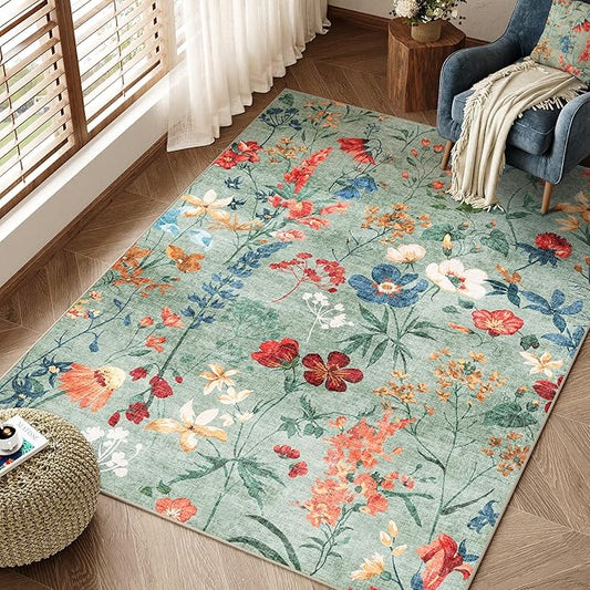 Green Area Rug 3x5 Office Floral Boho Door Mat Indoor Washable Kitchen Carpet Non Slip Bedroom Low Pile Lightweight Soft Throw Rug for Living Dining Room Bathroom