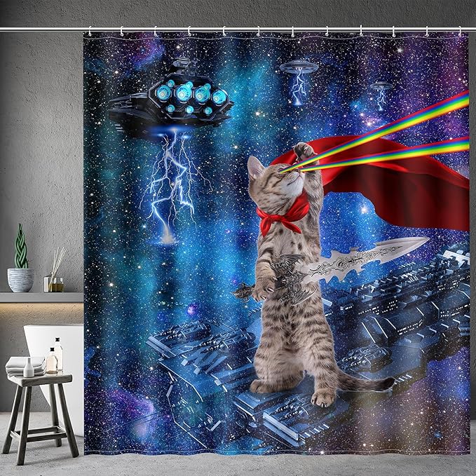 Funny Cat Shower Curtains for Bathroom - Cool Cute Cat on Fantasy Outer Space Galaxy Universe UFO Fun Shower Curtain Set with 12 Hooks for Adults Kids Bathroom Decor Accessories, 72"x72"