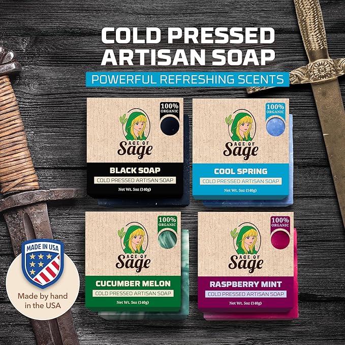 Natural Bar Soap for Men - Vegan Bath Soap Bars Gift Set - Handmade Cold Process Artisan Soap with Essential Oil, Aromatic Moisturizing Wash Soaps, Fragrant Good & Evil Scent by Age of Sage (4 Pack)