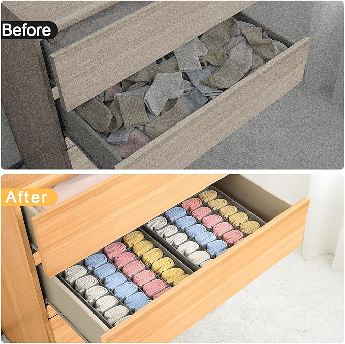 Joyoldelf Sock Organizer Drawer Organizer - Underwear Organizer, 24 Cell Collapsible Closet Organizers and Storage Sock Holders Organizers for Storing Socks, Ties, Belts 6 Pack