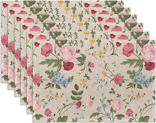 Summer Floral Placemats Set of 6,Washable Heat Resistant 12×18 Inch Linen Table Mats Vintage Rose Place Mats for Summer Party Outdoor Dining Decor