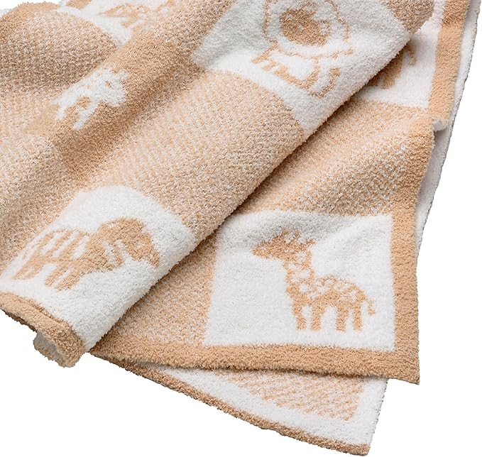Soft Chenille Jacquard Baby Blanket, Jungle Animals, 30 in. x 40 in., Tan and Beige Patchwork