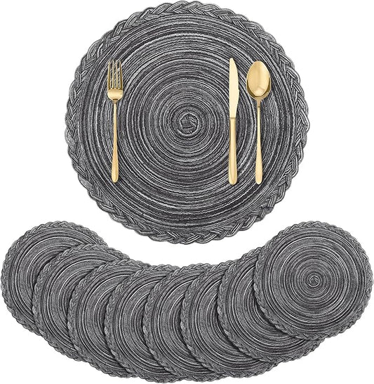 fanquare Round Braided Placemats Set of 8, Woven Kitchen Table Mats 15 Inch Round Woven Table Mats Cotton Polyester Place Mats for Dining Wedding Party