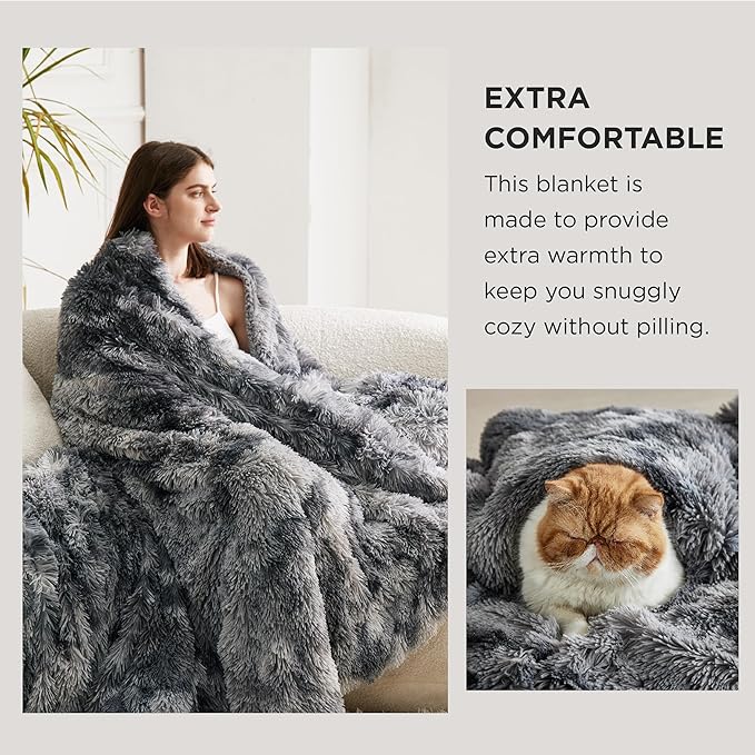 Bedsure Fluffy Tie Dye Grey Blankets Queen Size for Bed, Thick Sherpa Faux Fur Fleece Fuzzy Plush Winter Warm Soft Full Queen Blankets, Bedroom Decor Grey Gifts Cozy Gifts for Women Men, 90x90