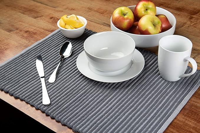 Sticky Toffee Woven Cotton Placemats Set of 4, Gray Ribbed 14 x 19 in, Washable Table Mats for Dining Table or Kitchen