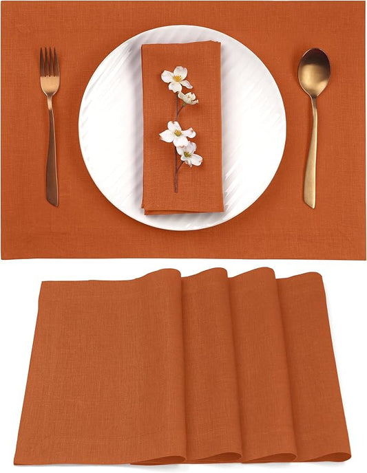 D'Moksha Homes Linen Rust Placemats Set of 4-100% Pure Linen Placemats 14 x 19 Inch for Summer - Handcrafted and Machine Washable