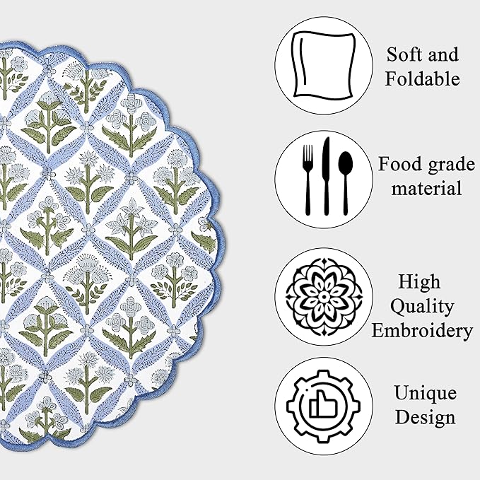 Ridhi Bo-ho Round Place Mat Easter Floral Cotton Washable Placemats 15" Round Embroidery Block Print Table Mat (Pack of 4-15 Inch Round, Light Steel Blue)