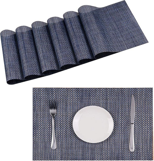 Zupro Placemats Set of 6 Washable Heat-Resistant Non-Slip Braided Table Mats Woven PVC Vinyl Kitchen Place Mats for Everyday use or Dinner Parties BBQs Indoor and Ourdoor Use.18"x12"(Dark Blue Gold)