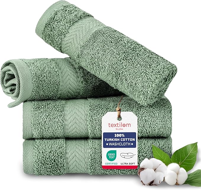 TEXTILOM Washcloths for Body and Face – Hotel and Spa Quality & Soft & Absorbent & Quick Dry Wash Cloths for Your Body – 100% Turkish Cotton Wash Clothes Towel Set of 4 (13 x 13 inches) - Green