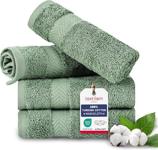 TEXTILOM Washcloths for Body and Face – Hotel and Spa Quality & Soft & Absorbent & Quick Dry Wash Cloths for Your Body – 100% Turkish Cotton Wash Clothes Towel Set of 4 (13 x 13 inches) - Green