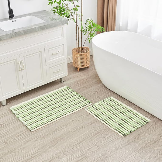 Douceur Boho Bath mat for Bathroom Floor Non Slip, Acrylic Blend Cute Bath Mats with Tassels, Quick Dry Bath mats Machine Washable, 20" x 32", Green