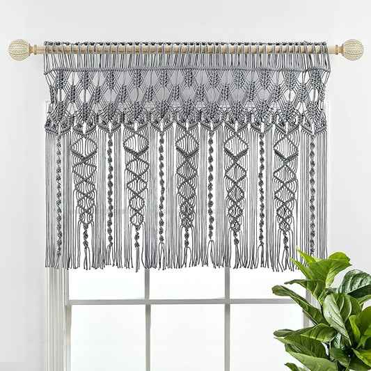 Lush Decor Boho Macrame Textured Cotton Valance, 40" W x 30" L, Gray - Boho Kitchen Curtains & Wall Decor - Macrame Valance - Bathroom Window Curtains
