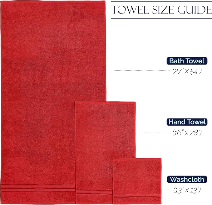 Elegant Comfort Premium Cotton 6-Piece Towel Set, Includes 2 Washcloths, 2 Hand Towels and 2 Bath Towels, 100% Turkish Cotton - Highly Absorbent and Super Soft Towels for Bathroom, Red