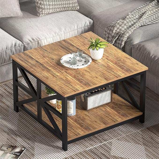 GreenForest Coffee Table with Storage for Living Room, Small Square Center Tables with Seamless One-Piece Tabletop Farmhouse Style, Walnut