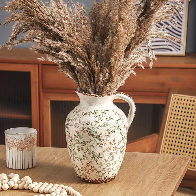 Enra Vintage vase,Ceramic Chinoiserie Floral Vase,Green and Beige Decorative Flower vase,Large Rustic Vases for Home Decors, Living Room, Bookshelf, Office，9.7 inch