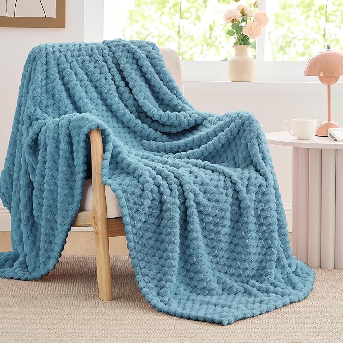 BEDELITE Fleece Blanket Twin for Bed Couch, 3D Jacquard Decorative Blue Throw, Soft Cozy Warm Plush Fuzzy, 60x80Inches