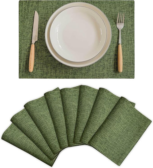 Demetex Dark Green Placemats Set of 8 Decorative Linen Textured Place Mats Heat Resistant Plate Platemats for Cafe Party Banquet Tables, 13x19 inch, Green