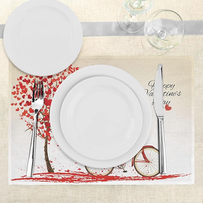 Ambesonne Valentines Day Place Mats Set of 8, Romantic Tree with Blooming Hearts with Bike and Petals Vintage Art, Washable Fabric Placemats for Dining Table, Placemat 8 pcs, Cream Vermilion
