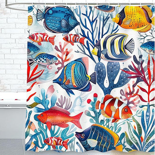 Fish Shower Curtain for Bathroom Tropical Fishes Shower Curtains Home Bathroom Bathtubs Ocean Underwater World Tropical Fish Decor Polyester Shower Curtain Waterproof Washable 12 Hooks 72"x72"