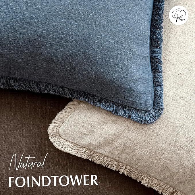 Foindtower Set of 2 Decorative Linen Fringe Throw Pillow Covers Cozy Farmhouse Cushion Cover with Tassels Accent Pillowcase for Couch Chair Sofa Bed Living Room Home Decor,24×24 Inch,Dark Blue