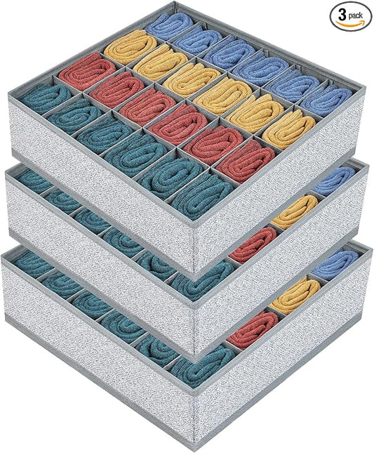 Joyoldelf Sock Organizer, 24-cell Underwear Drawer Organizer Women Fabric Sock Organizer for Closet for Socks, Lingerie, Handkerchiefs, Ties, 3 Packs (Gray)