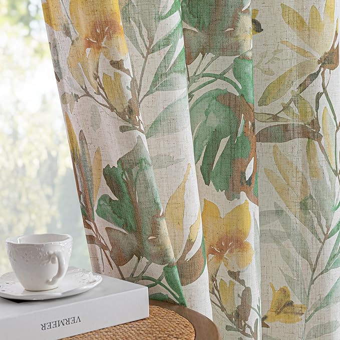 MYSKY HOME Floral Curtains 63 Inch Length Semi Sheer Drapes for Living Room Bedroom, Flower Printing Window Treatment Grommet 2 Panels，Yellow and Natural