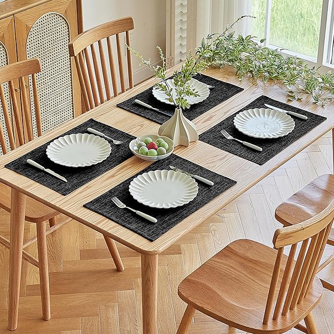 Softalker Faux Linen Placemats Set of 8-12 x 18 Inch, Heat Resistant Double Layered Durable Burlap Farmhouse Place Mats, Non-Slip Washable Rustic Table Mats for Dining, Kitchen, Party（Black