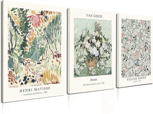 Induslyfe Framed Sage Green Vintage Wall Art Canvas Decor Set of 3, Matisse Wall Art Prints Posters Mid Century Modern Art, Aesthetic Floral Botanical wall art for bedroom, living room, bathroom 12x16