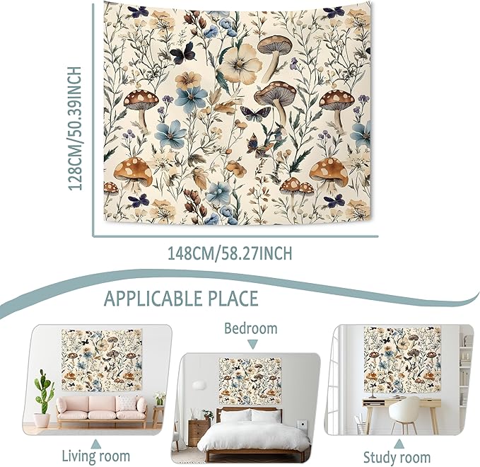 KAIOUS Floral Mushroom Tapestry, Vintage Floral Mushroom Flower Tapestry Wall Hanging Art Aesthetic Decor for Girls Bedroom Living Room Dorm Bed Women 50x58 Inches