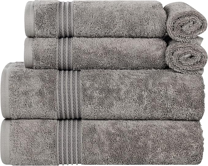 Superior Egyptian Cotton 6-Piece Towel Set, Assorted Towels for Home Bathroom, Master, Guest Bath, Decor Essentials, Includes 2 Bath, 2 Hand, 2 Face Towels/Washcloths, Quick Dry, Absorbent, Charcoal