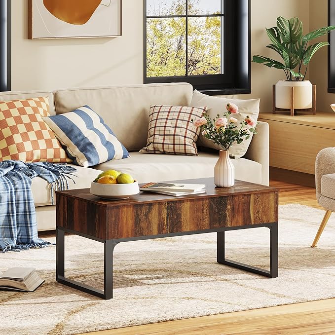 WLIVE Lift Top Coffee Table with Storage, 40.9" Coffee Table with Lifting Top & Sliding Cover, Wood Modern Center Table with 2 Hidden Compartment for Living Room, Retro Brown