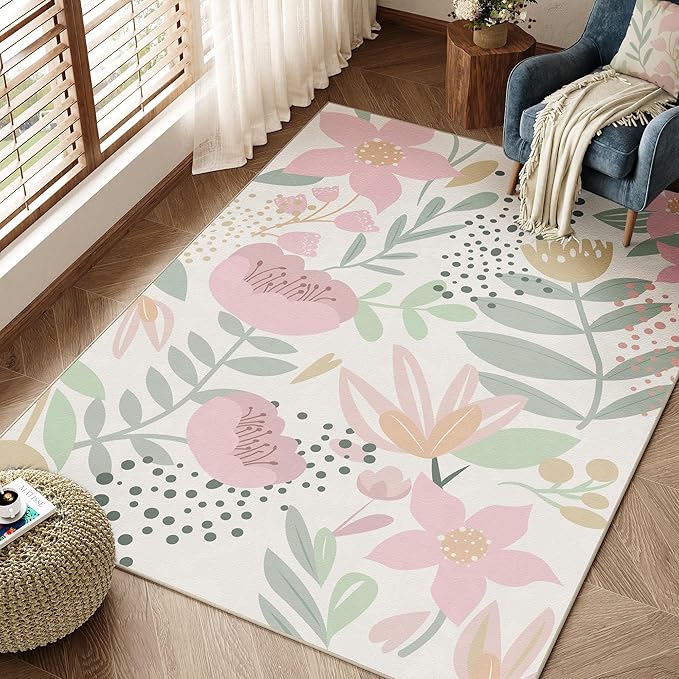 Pink Area Rug 3x5 Washable Office Carpet Boho Living Room Door Mat Non Slip Kitchen Soft Cute Bedroom Botanical Indoor Accent Rug for Dining Room Nursery Bathroom Farmhouse