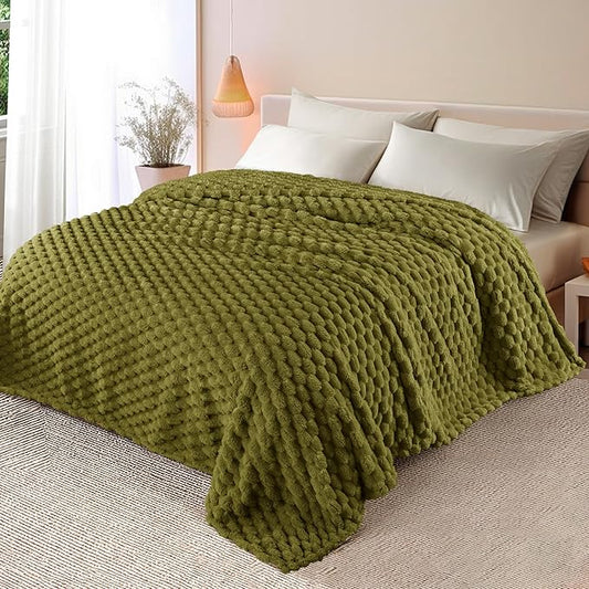 Whale Flotilla King Size Blanket for Bed with Jacquard Pattern, Fuzzy Soft Cozy Exquisite Blankets for All Season, Warm and Fluffy, 90x104 Inch, Olive