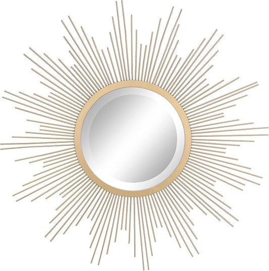 Stonebriar Round 23" Antique Gold Metal Starburst Hanging Wall Mirror with Attached Mounting Bracket, Decorative Decor for the Living Room, Bedroom, Bathroom, Hallway, and Entryway
