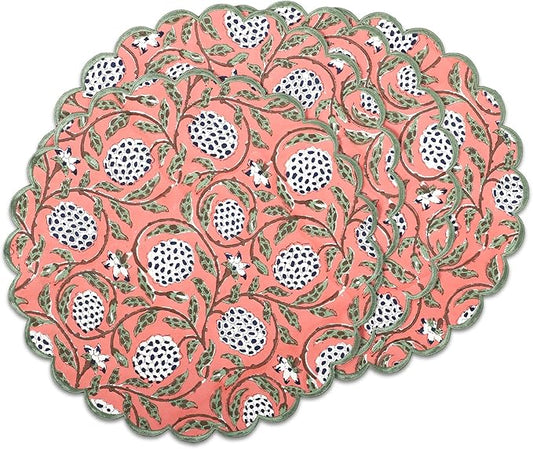 Ridhi Dark Salmon Bo-ho Round Place Mat Double Layer Floral Cotton Washable Placemats 15" Round Embroidery Block Print Table Mat (Pack of 4-15 Inch Round)