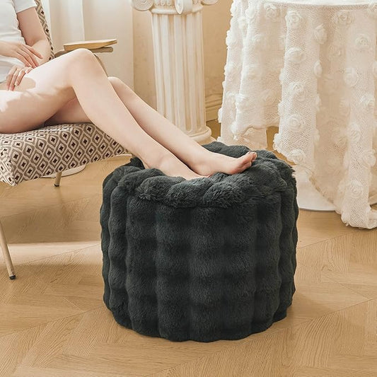 LIFEREVO Faux Rabbit Fur Round Inflatable Pouf Ottoman, 20" X 16" Plush Fuzzy Waffle Bubble Floor Poufs Foot Rest for Living Room Bedroom, Furry Pouf Foot Stool Couch Home Decor, Anti-Slip, Dark Grey