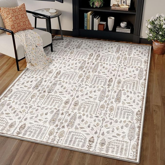 Area Rug 5x7 Washable Taupe Carpet Non Slip Large Boho Thin Floral Farmhouse Throw Accent Rug for Living Room Bedroom Office Kitchen Bathroom