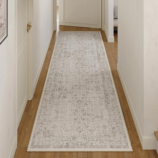 Gray Runner Rug 2x7 Hallway Machine Washable Kitchen Vintage Distressed Non Slip Long Carpet Indoor Grey Retro Floral Bedroom Accent Throw Rug for Bathroom Office Laundry Dining Living Room
