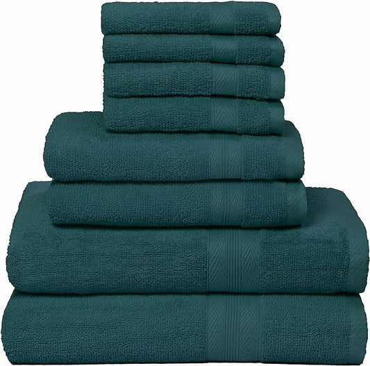 BOUTIQUO 8 Piece Towel Set 100% Ring Spun Cotton, 2 Bath Towels 27X54, 2 Hand Towels 16X28 and 4 Washcloths 13X13 - Ultra Soft Highly Absorbent Machine Washable Hotel Spa Quality - Teal